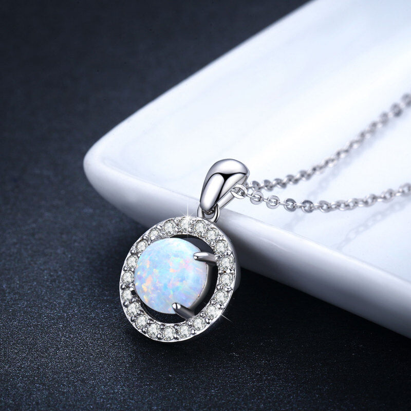 Sterling Silver Circular Shaped Opal Round Pendant Necklace-4