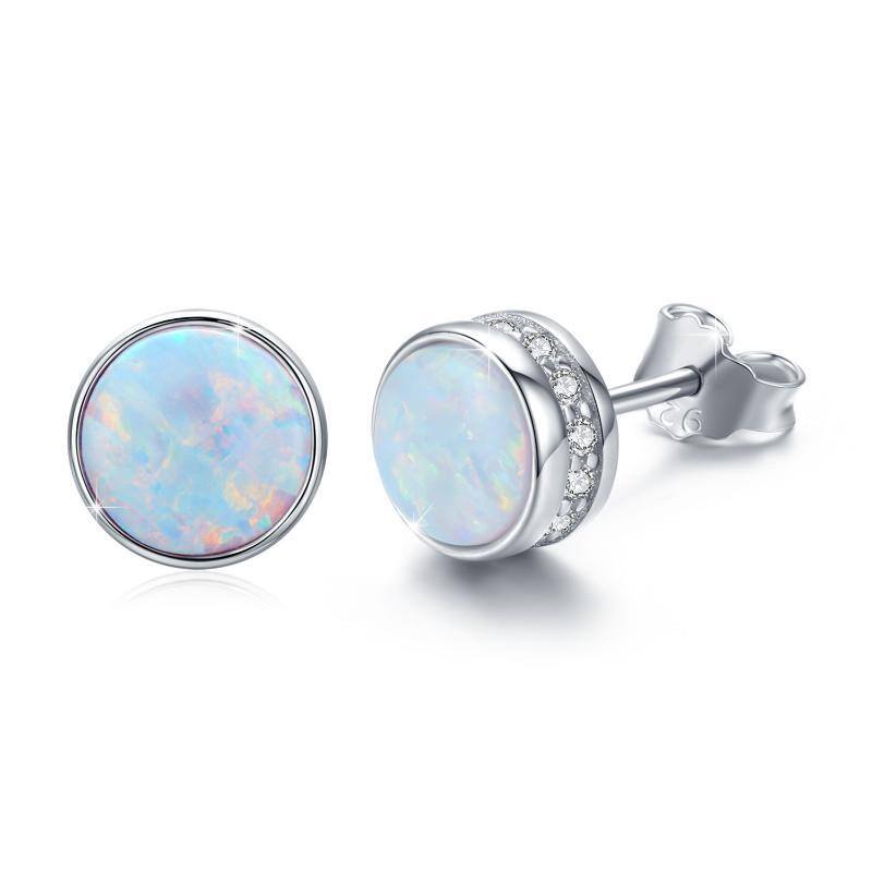 Sterling Silver Circular Shaped Cubic Zirconia & Opal Round Stud Earrings-1