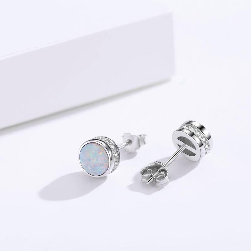 Sterling Silver Circular Shaped Cubic Zirconia & Opal Round Stud Earrings-4