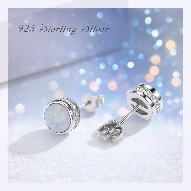 Sterling Silver Circular Shaped Cubic Zirconia & Opal Round Stud Earrings-6