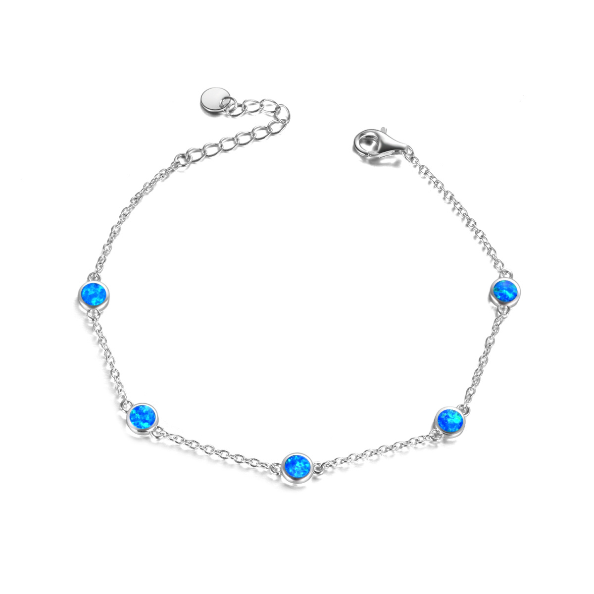 Sterling Silver Circular Shaped Opal Single Layer Charm Anklet-1