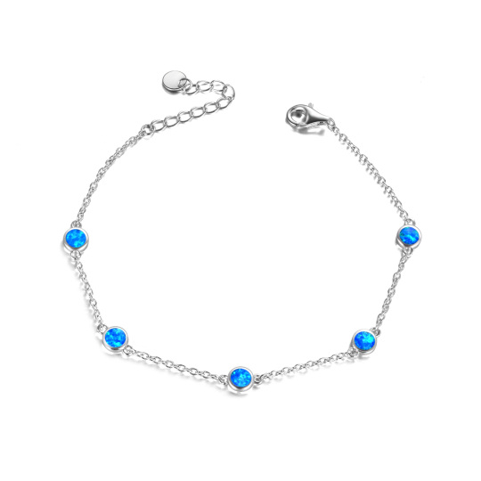 Sterling Silver Circular Shaped Opal Single Layer Charm Anklet