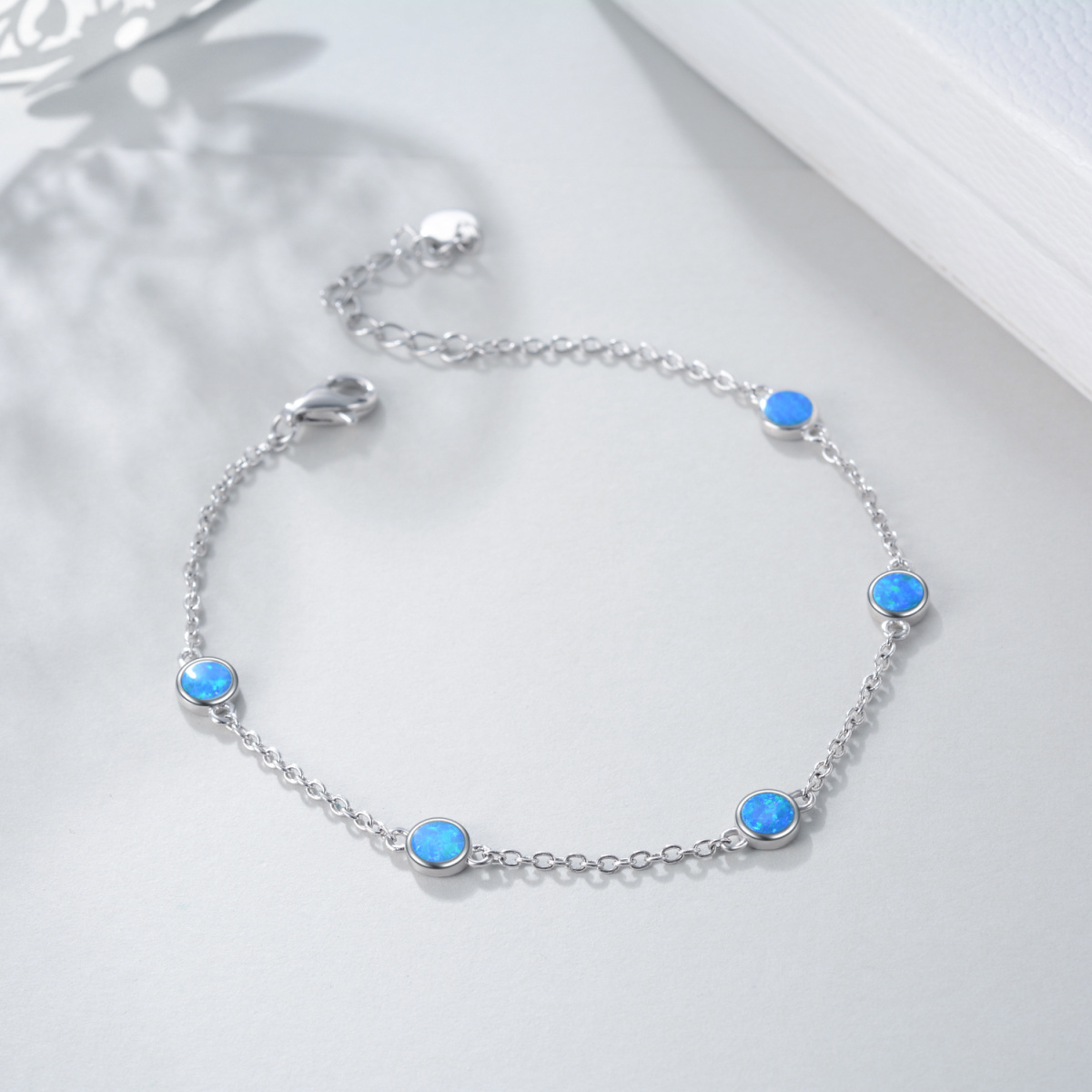 Sterling Silver Circular Shaped Opal Single Layer Charm Anklet-3