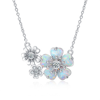 Sterling Silver Circular Shaped Cubic Zirconia & Opal Sunflower Pendant Necklace-4