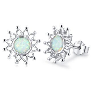 Sterling Silver Circular Shaped Opal Sunflower Stud Earrings-2