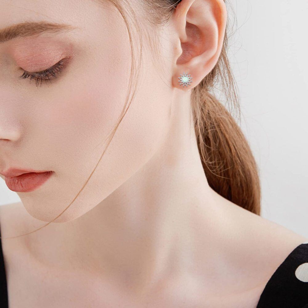 Sterling Silver Circular Shaped Opal Sunflower Stud Earrings-2