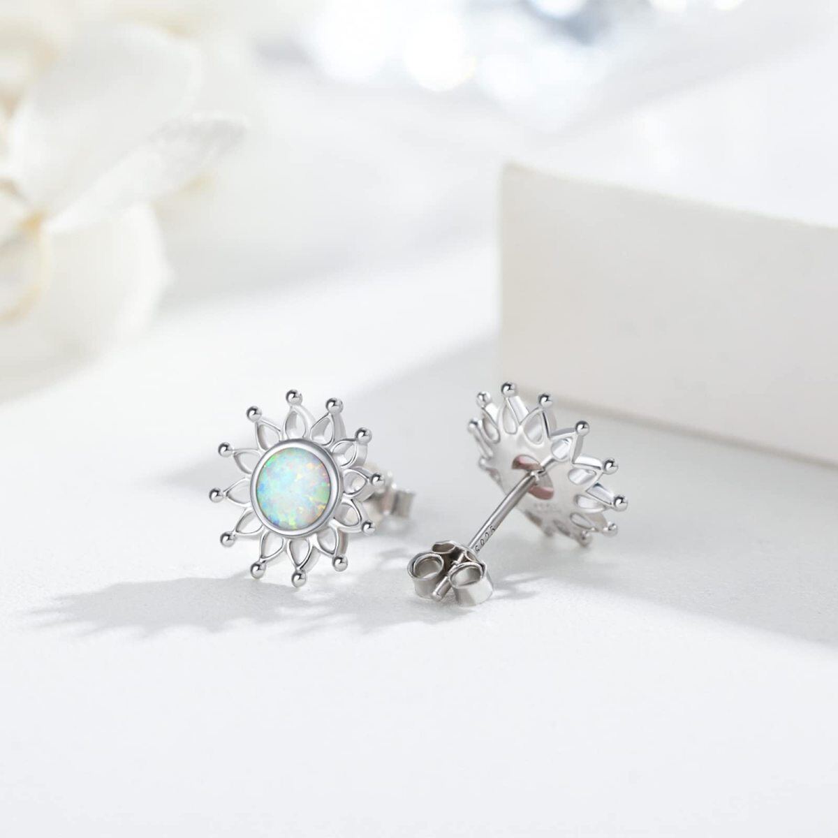 Brincos de prata esterlina em forma circular Opal Sunflower Stud Brincos-4