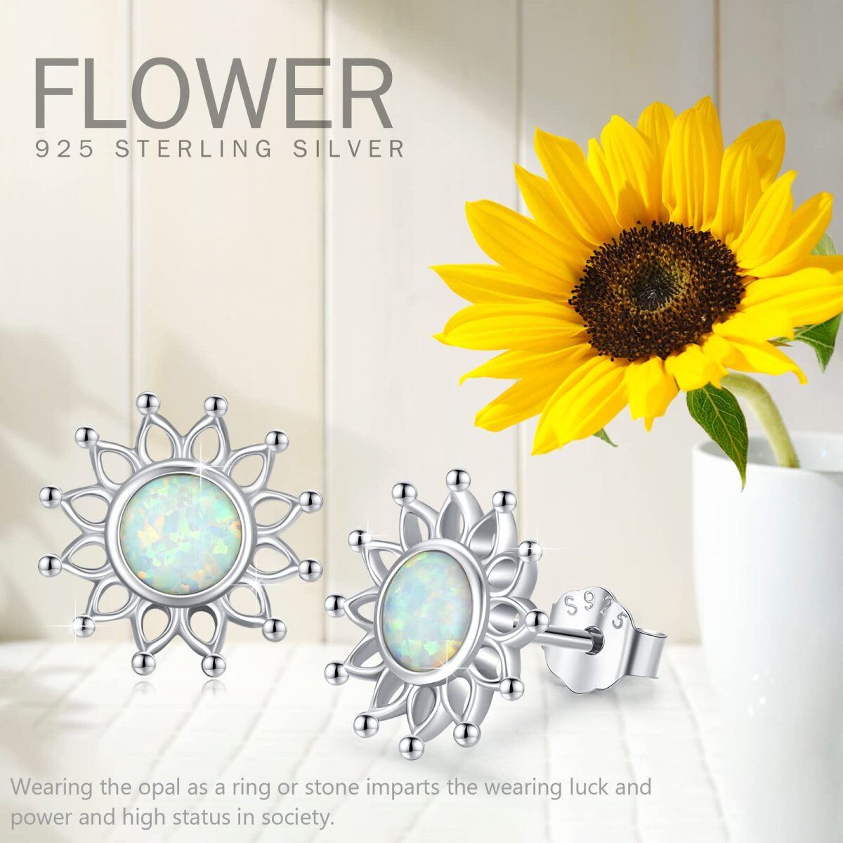 Brincos de prata esterlina em forma circular Opal Sunflower Stud Brincos-6