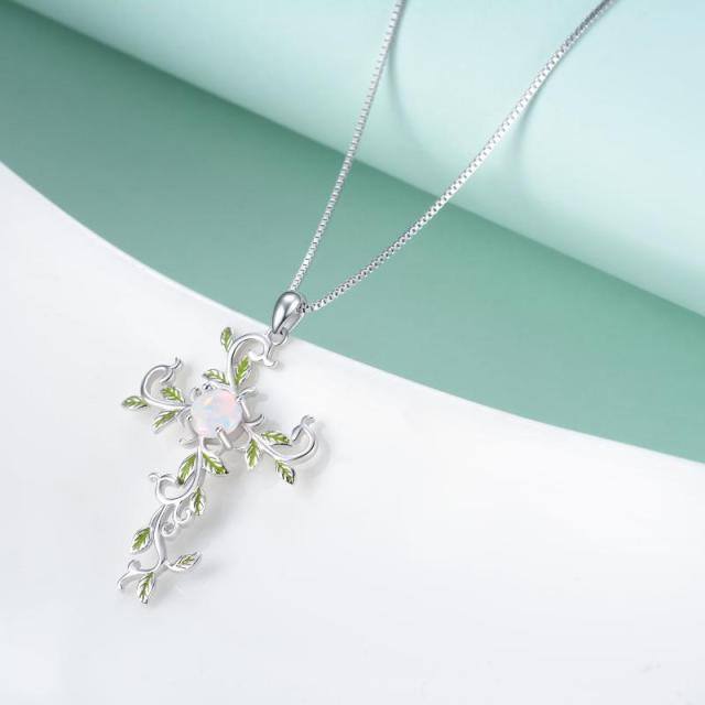 Collana con ciondolo a forma di albero della vita e croce in argento sterling, a forma di circolare, in opale-4