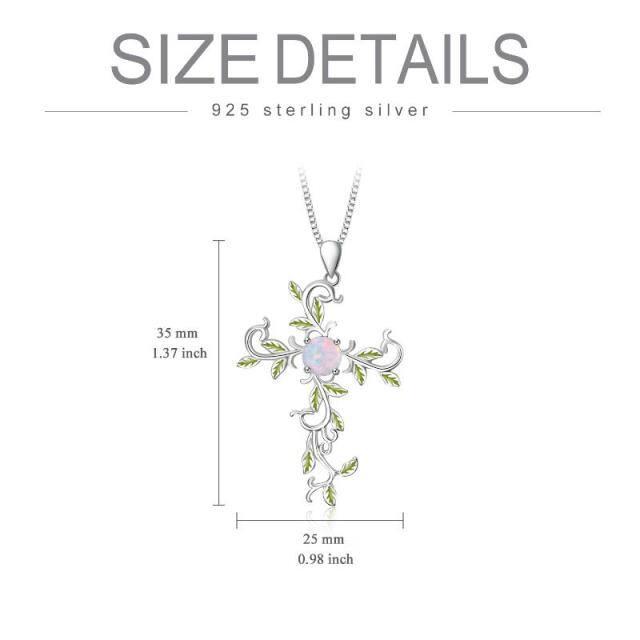 Sterling Silver Circular Shaped Opal Tree Of Life & Cross Pendant Necklace-6