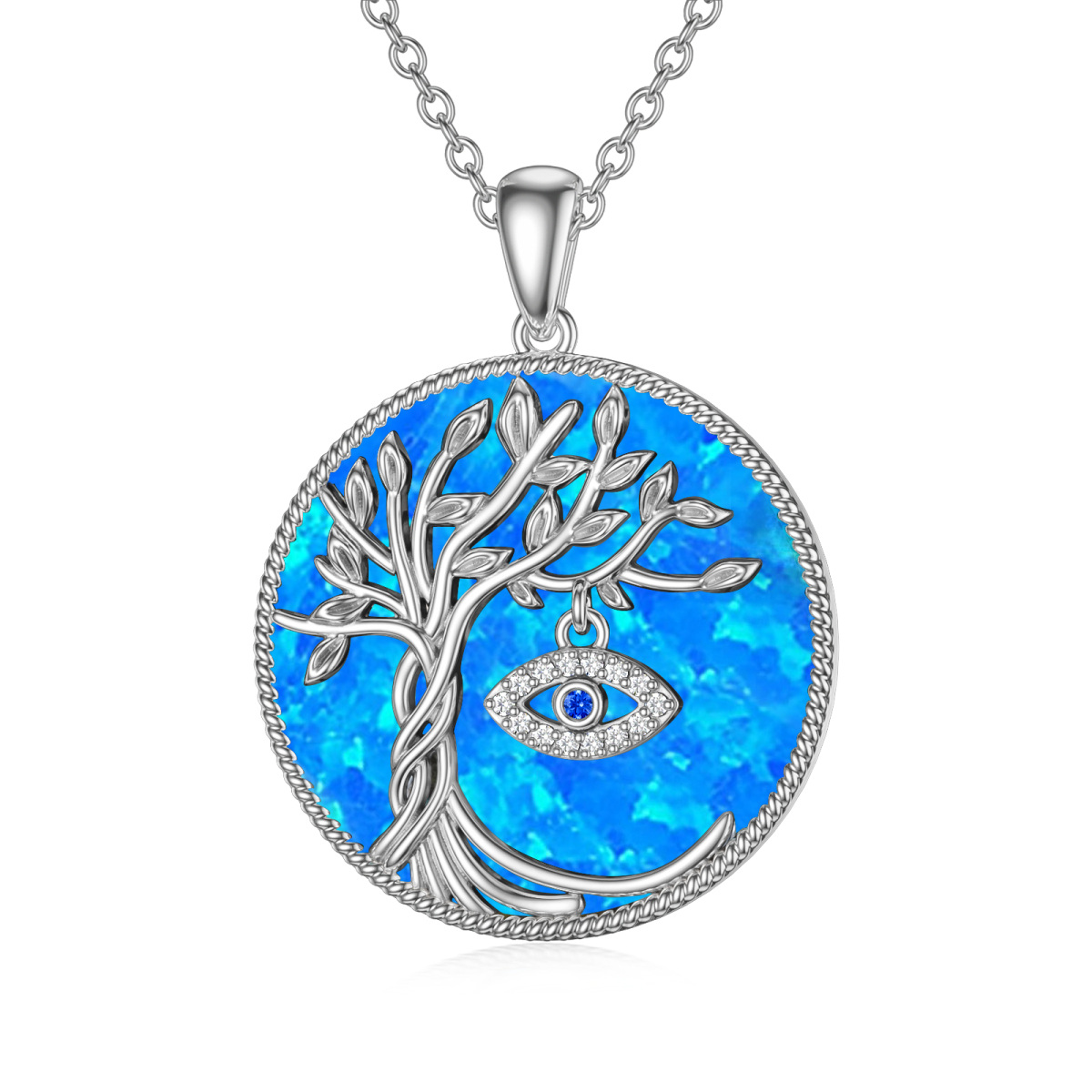 Sterling Silber kreisförmige Opal Baum des Lebens Evil Eye Anhänger Halskette-1