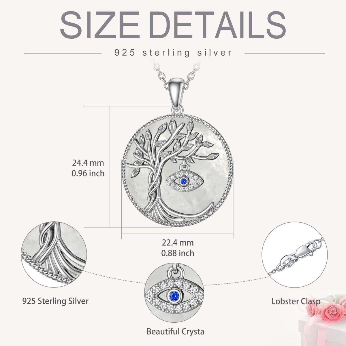 Sterling Silber kreisförmige Mondstein Baum des Lebens Evil Eye Anhänger Halskette-3