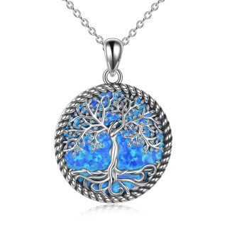 Sterling Silver Circular Shaped Opal Tree Of Life Pendant Necklace-16