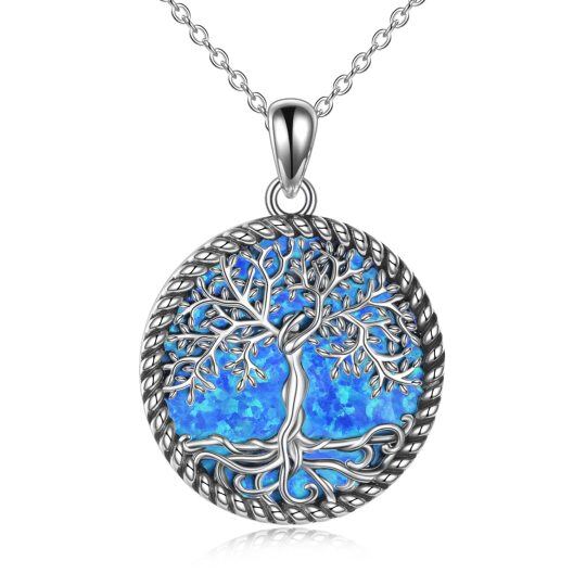 Sterling Silver Circular Shaped Opal Tree Of Life Pendant Necklace