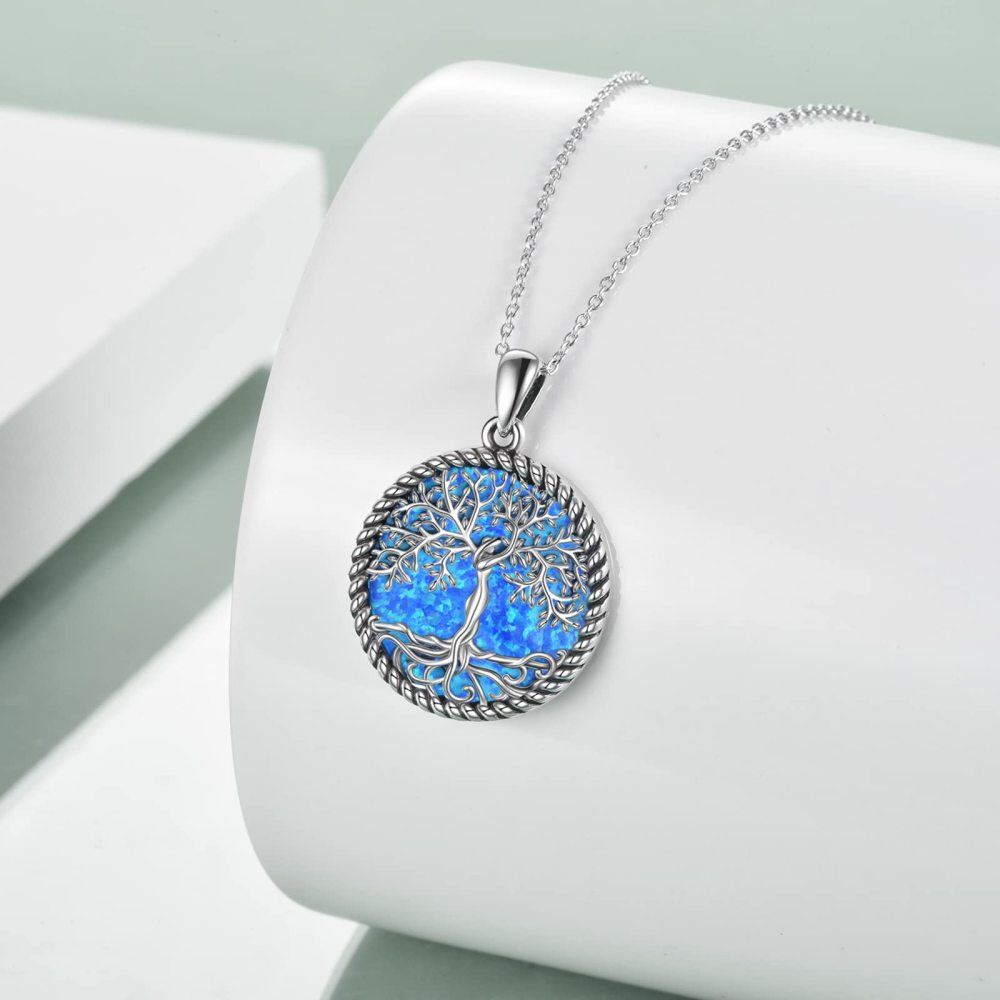 Sterling Silver Circular Shaped Opal Tree Of Life Pendant Necklace-3