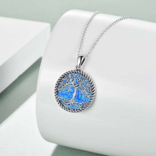 Sterling Silver Circular Shaped Opal Tree Of Life Pendant Necklace-3