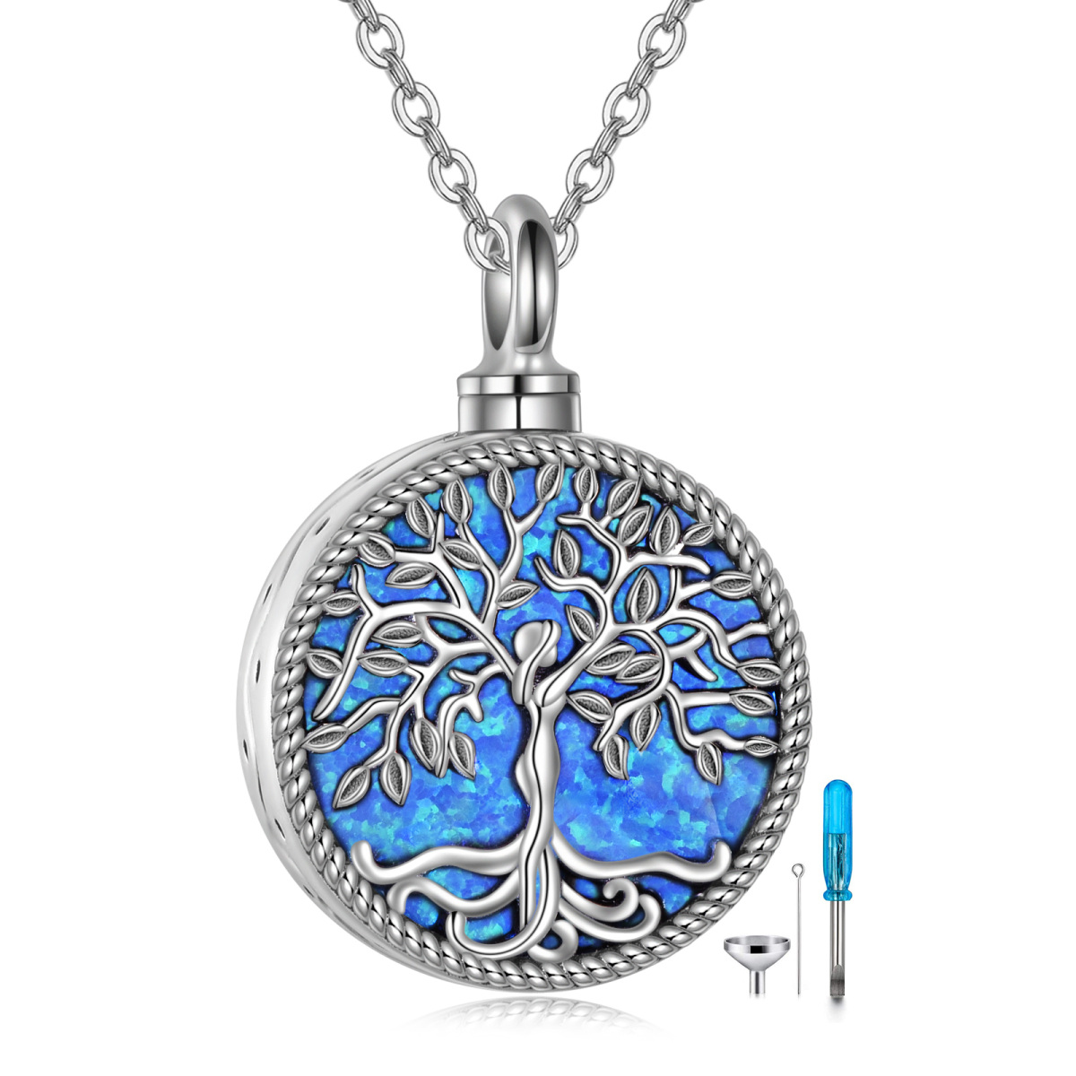 Sterling Silver Circular Shaped Opal Tree Of Life Urn Necklace for Ashes-1