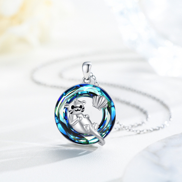 Sterling Silver Circular Shaped Otter Crystal Pendant Necklace-3