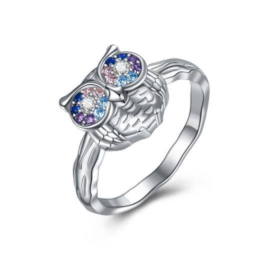 Sterling Silver Circular Shaped Cubic Zirconia Owl Bird Ring