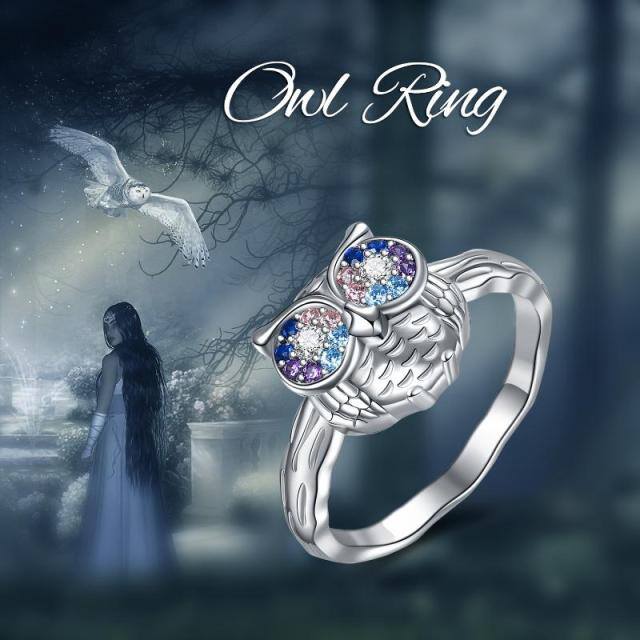 Anello con uccello gufo in argento sterling a forma circolare con zirconi cubici-6