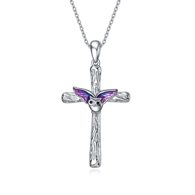 Sterling Silber kreisförmig Cubic Zirkonia Eule & Kreuz-Anhänger Halskette-1