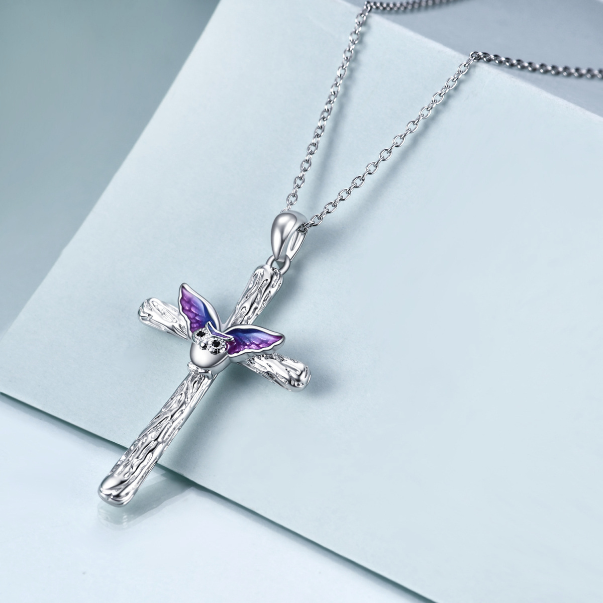 Sterling Silber kreisförmig Cubic Zirkonia Eule & Kreuz-Anhänger Halskette-3