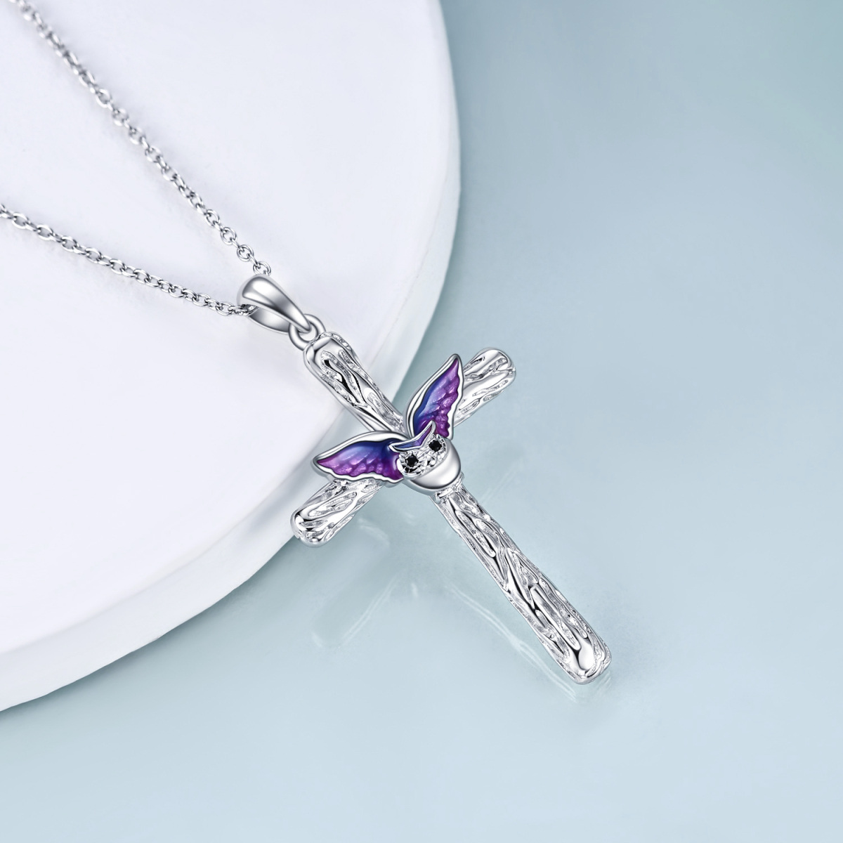 Sterling Silber kreisförmig Cubic Zirkonia Eule & Kreuz-Anhänger Halskette-4