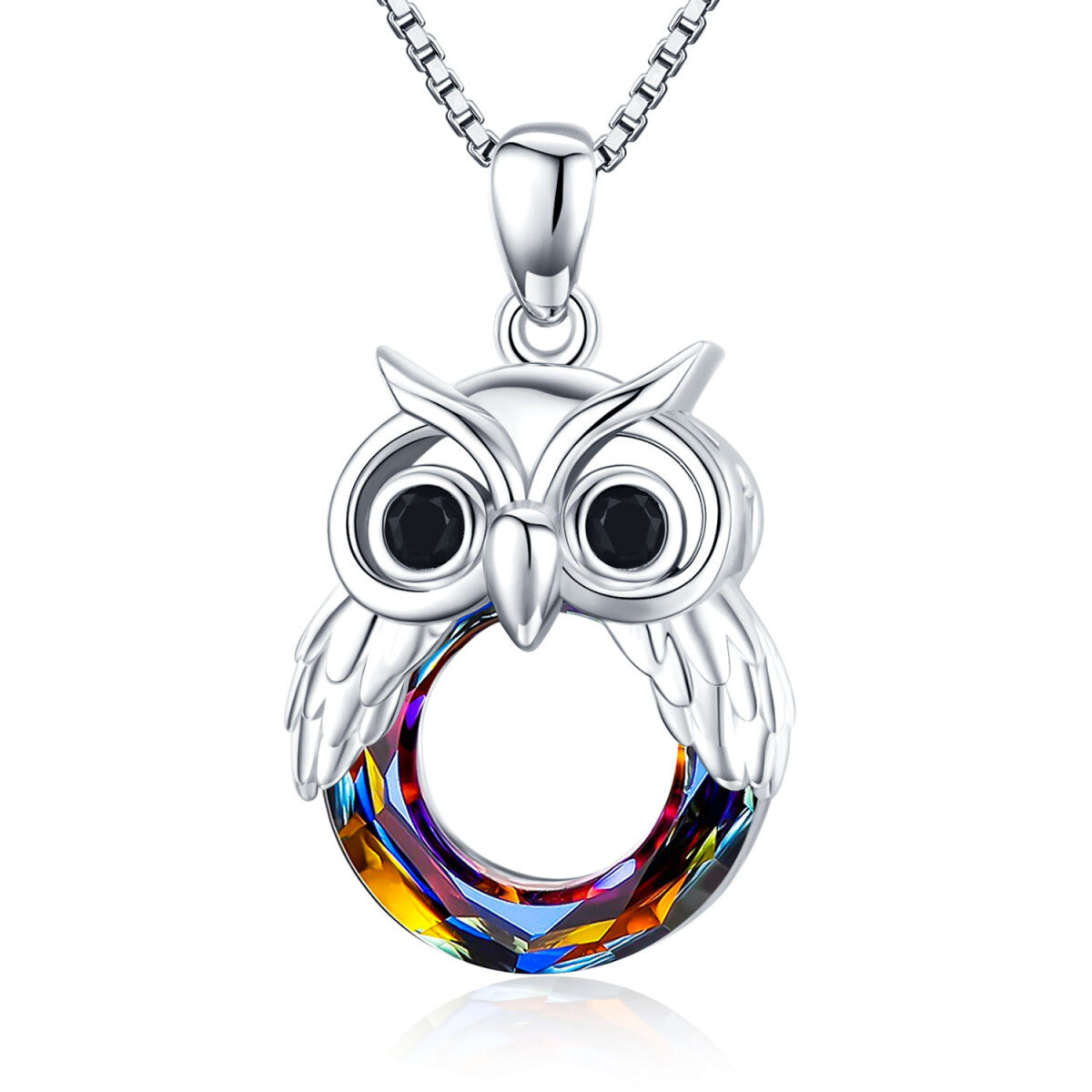 Sterling Silver Circular Shaped Owl Crystal Pendant Necklace-1