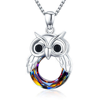 Sterling Silver Circular Shaped Owl Crystal Pendant Necklace-39