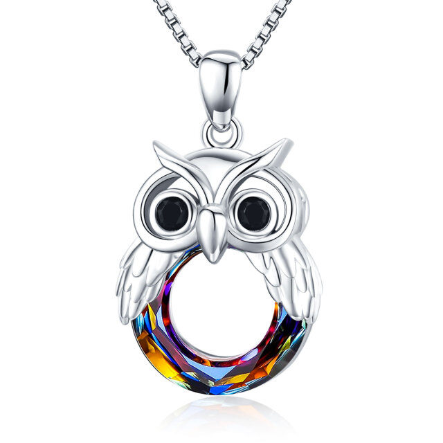 Collier en argent sterling avec pendentif hibou en cristal de forme circulaire-1