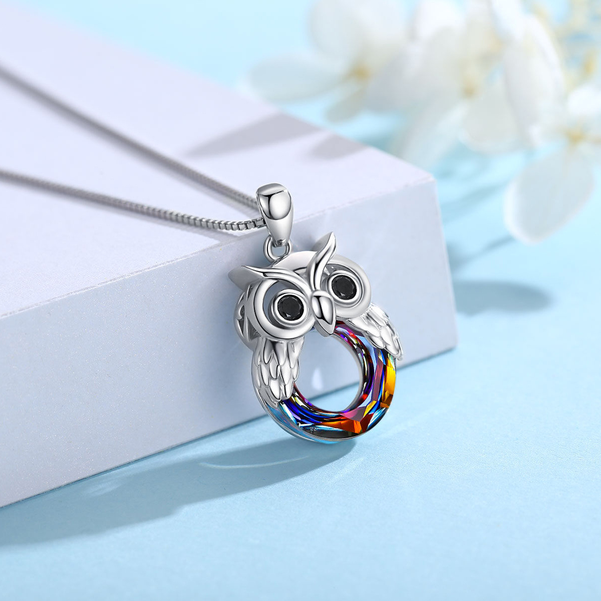 Sterling Silver Circular Shaped Owl Crystal Pendant Necklace-4