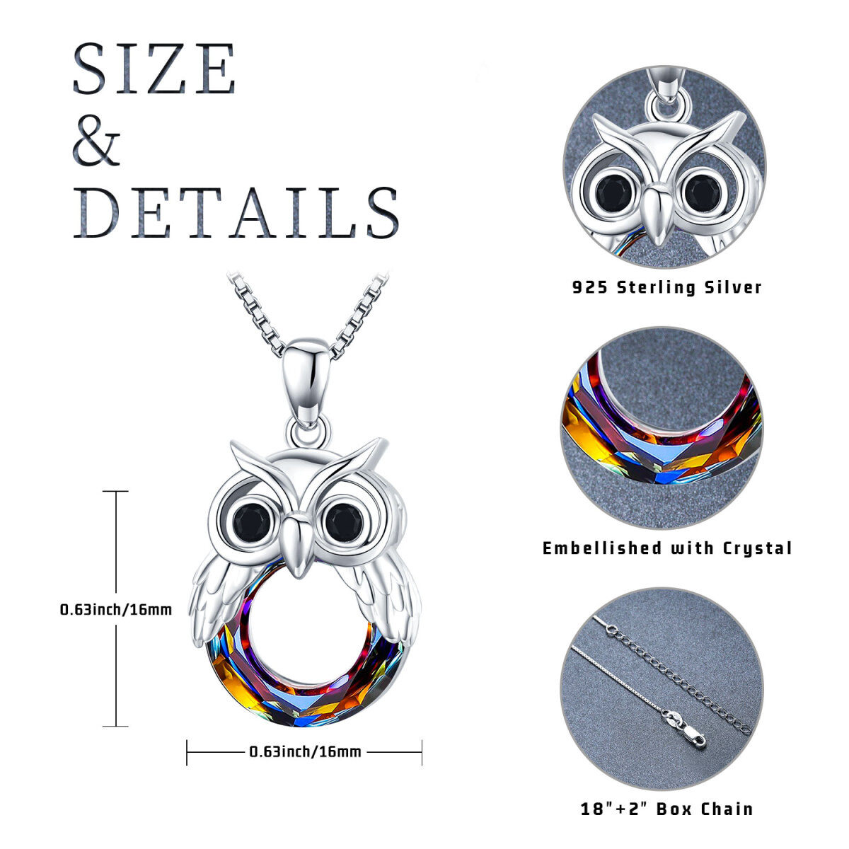 Sterling Silver Circular Shaped Owl Crystal Pendant Necklace-6