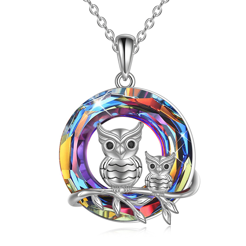 Sterling Silver Circular Shaped Owl Crystal Pendant Necklace-45