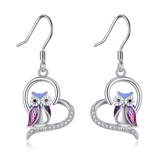 Sterling Silver Circular Shaped Cubic Zirconia Owl Drop Earrings