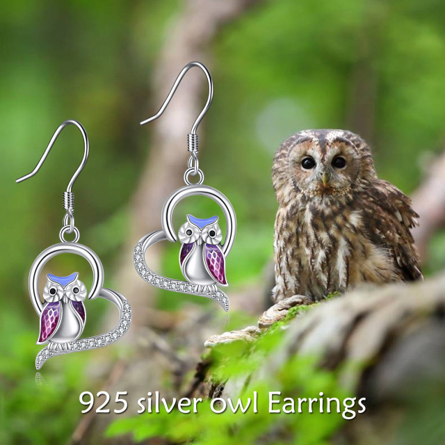 Sterling Silver Circular Shaped Cubic Zirconia Owl Drop Earrings-6