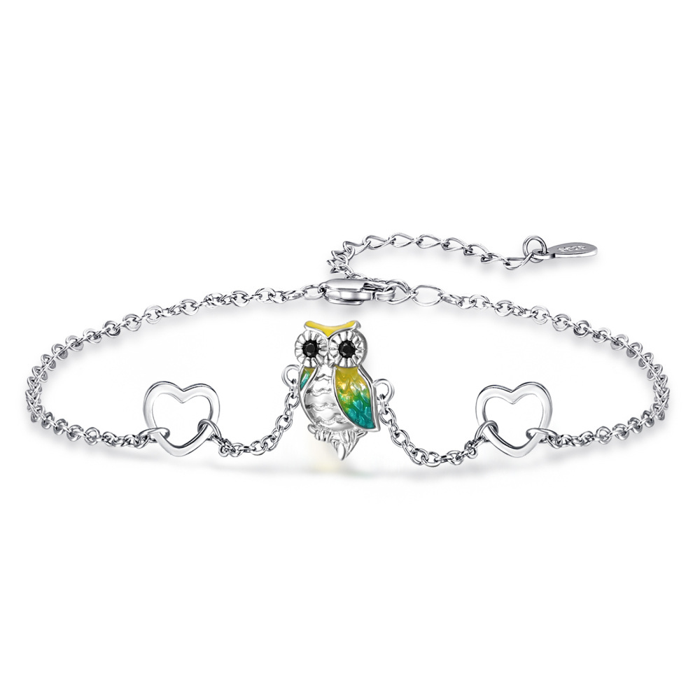 Sterling Silver Circular Shaped Cubic Zirconia Owl & Heart Charm Bracelet-1
