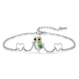 Sterling Silver Circular Shaped Cubic Zirconia Owl & Heart Charm Bracelet-15