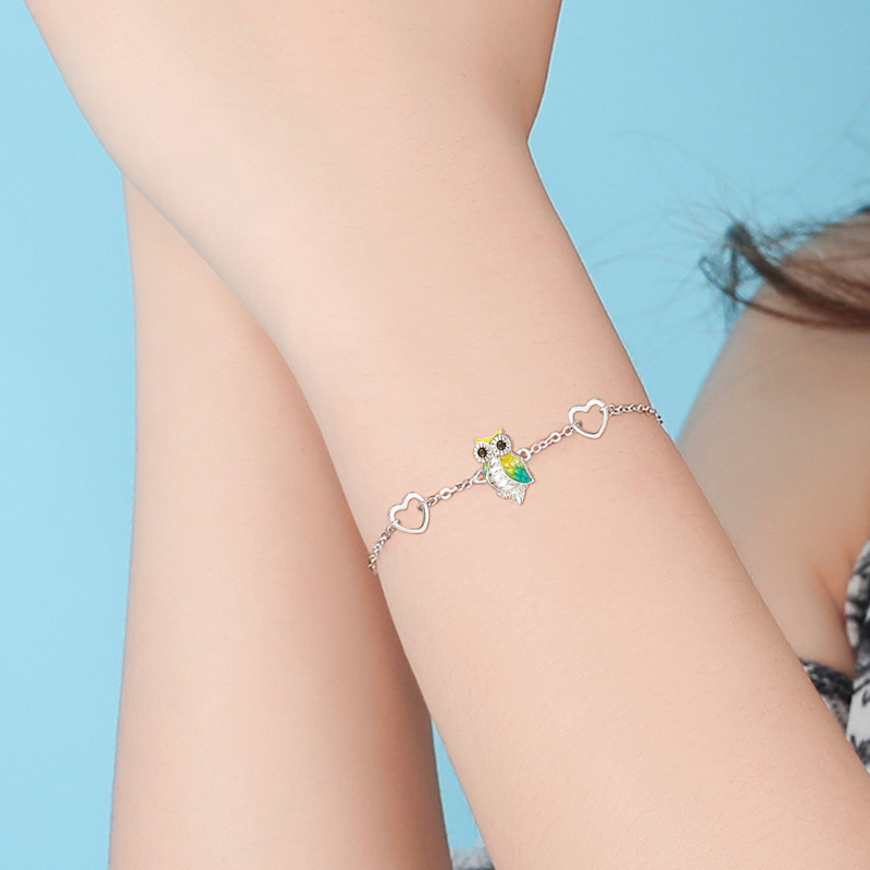 Sterling Silver Circular Shaped Cubic Zirconia Owl & Heart Charm Bracelet-3