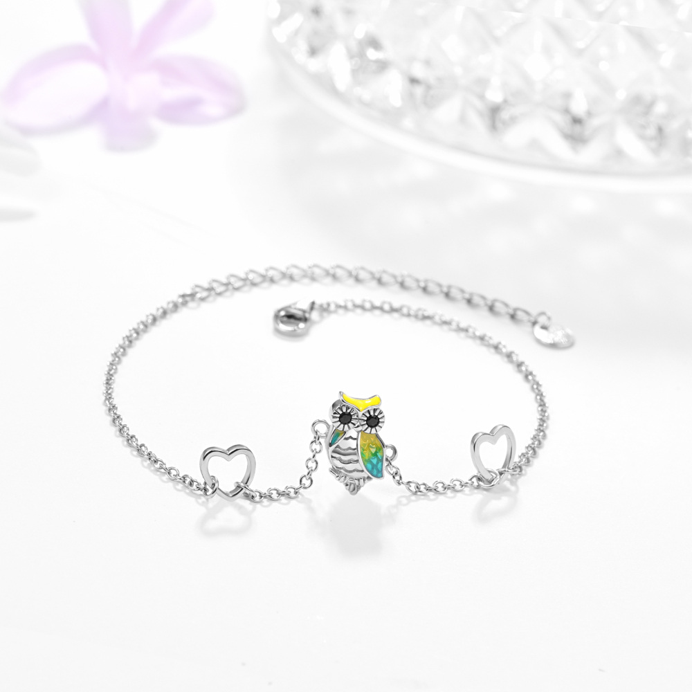 Sterling Silver Circular Shaped Cubic Zirconia Owl & Heart Charm Bracelet-4