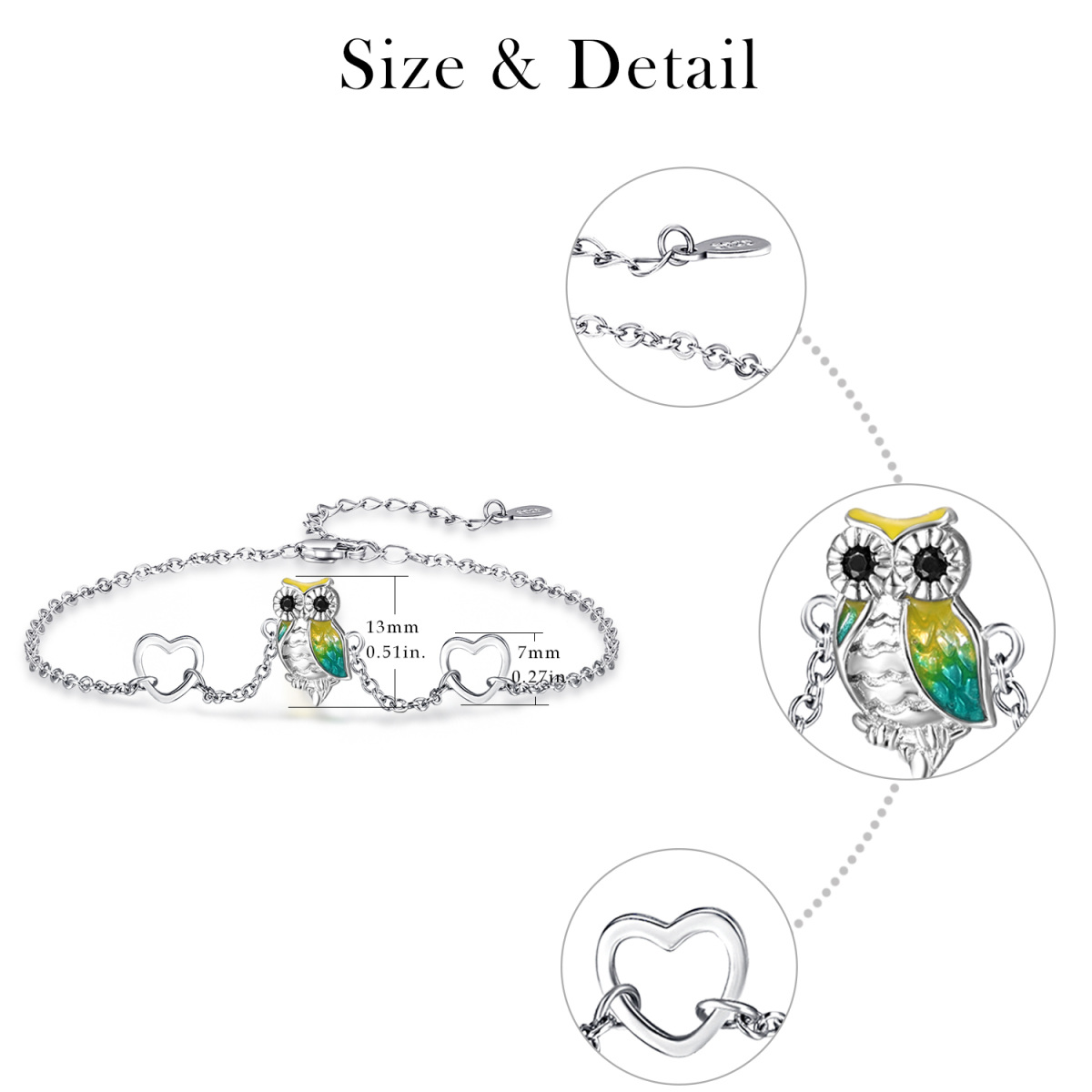 Sterling Silver Circular Shaped Cubic Zirconia Owl & Heart Pendant Bracelet-5