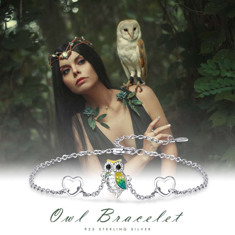 Sterling Silver Circular Shaped Cubic Zirconia Owl & Heart Charm Bracelet-6