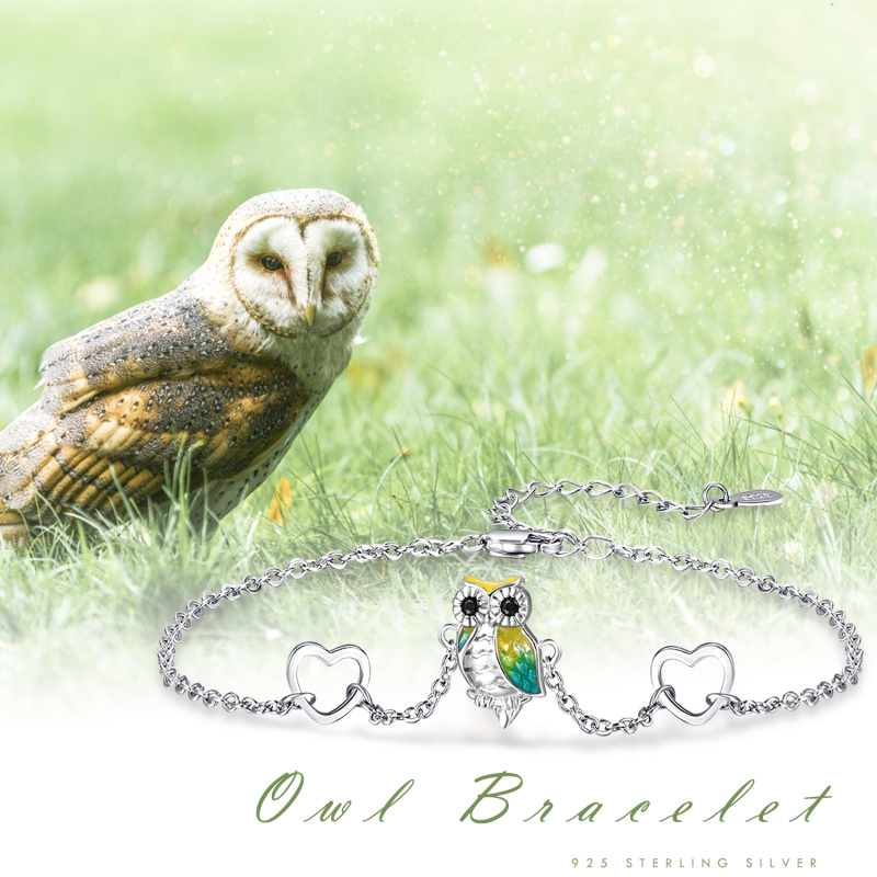 Sterling Silver Circular Shaped Cubic Zirconia Owl & Heart Charm Bracelet-7