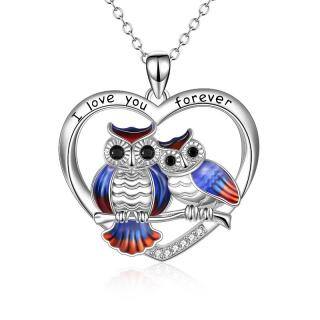 Sterling Silver Circular Shaped Owl & Heart Pendant Necklace with Engraved Word-33