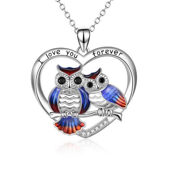 Sterling Silver Circular Shaped Owl & Heart Pendant Necklace with Engraved Word