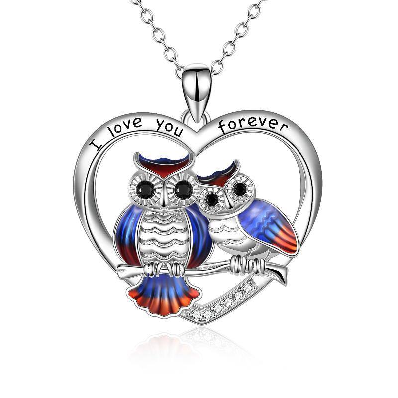 Sterling Silver Circular Shaped Owl & Heart Pendant Necklace with Engraved Word-6