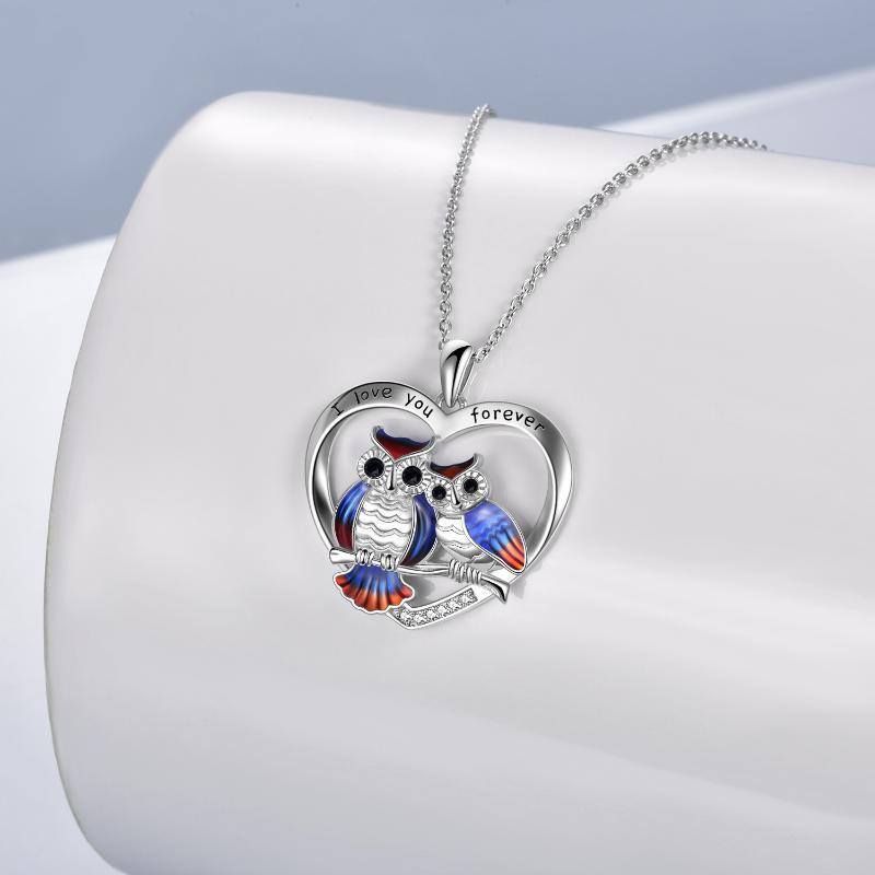 Sterling Silber kreisförmig Eule & Herz Anhänger Halskette mit eingraviertem Wort-2