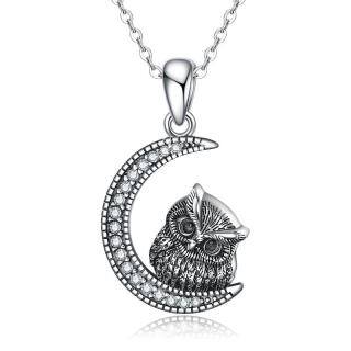 Sterling Silver Circular Shaped Cubic Zirconia Owl & Moon Urn Necklace for Ashes-25