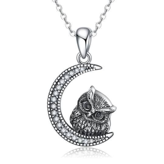 Sterling Silver Circular Shaped Cubic Zirconia Owl & Moon Urn Necklace for Ashes