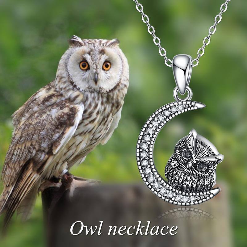 Sterling Silver Circular Shaped Cubic Zirconia Owl & Moon Urn Necklace for Ashes-3