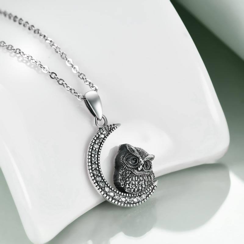 Sterling Silver Circular Shaped Cubic Zirconia Owl & Moon Urn Necklace for Ashes-4